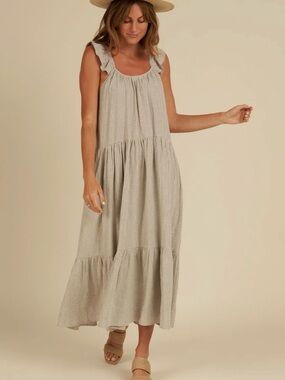 Sleeveless Gingham Tiered Midi Dress in Beige